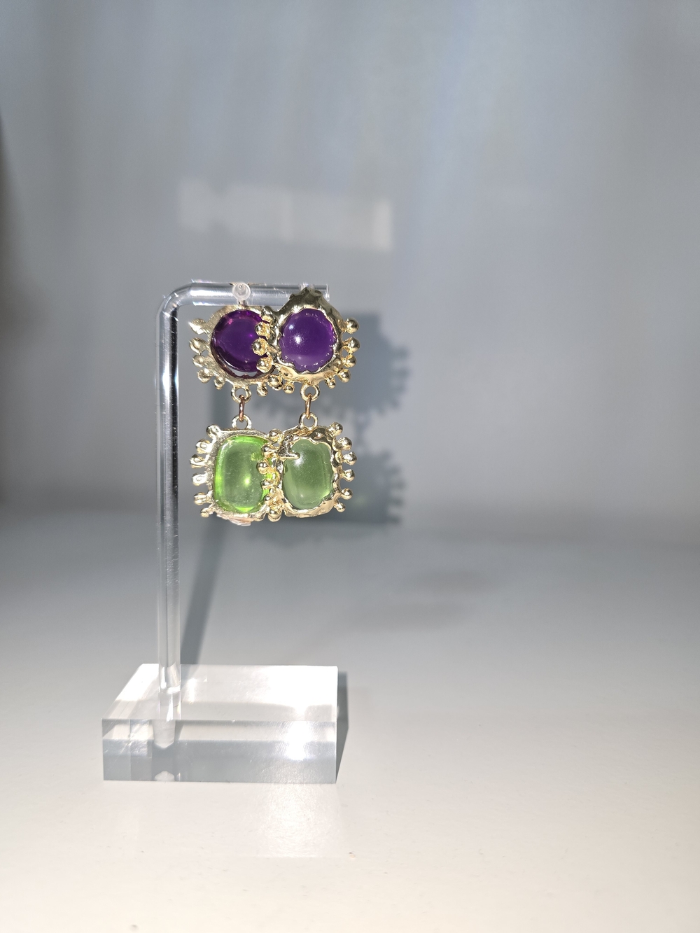 Gold-Tone Purple and Green Double Drop Earrings